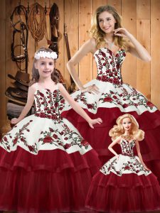 Wine Red Sleeveless Brush Train Embroidery and Ruffled Layers Quinceanera Dresses