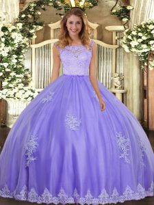 Fashionable Lavender Ball Gowns Lace and Appliques Quinceanera Gowns Clasp Handle Tulle Sleeveless Floor Length