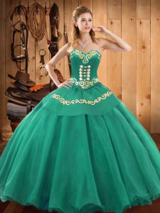 Unique Turquoise Ball Gowns Satin and Tulle Sweetheart Sleeveless Embroidery Floor Length Lace Up Quinceanera Gowns