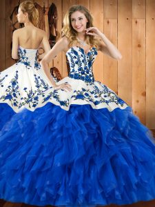 Blue Tulle Lace Up Sweetheart Sleeveless Floor Length Ball Gown Prom Dress Embroidery and Ruffles