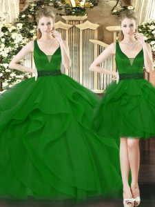 Nice Green Ball Gowns Straps Sleeveless Tulle Floor Length Lace Up Beading and Ruffles Ball Gown Prom Dress