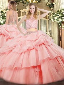 High-neck Sleeveless Zipper 15th Birthday Dress Pink Tulle