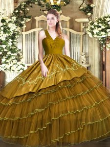 Brown Ball Gowns Embroidery and Ruffled Layers Quinceanera Gowns Zipper Satin and Organza Sleeveless Floor Length
