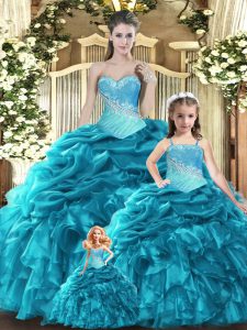 Adorable Teal Tulle Lace Up Sweetheart Sleeveless Floor Length Quince Ball Gowns Beading and Ruffles and Ruching and Pick Ups