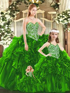 New Arrival Sleeveless Floor Length Beading and Ruffles Lace Up Quinceanera Gowns with Green