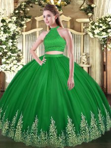 Clearance Green Sleeveless Floor Length Beading and Appliques Backless Quince Ball Gowns