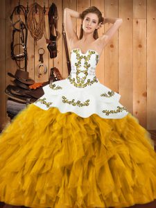 Comfortable Gold Satin and Organza Lace Up Strapless Sleeveless Floor Length Quinceanera Dress Embroidery and Ruffles