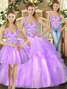 Discount Lilac Straps Neckline Beading and Ruffles Sweet 16 Dresses Sleeveless Lace Up