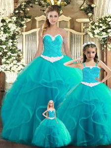 Aqua Blue Tulle Lace Up 15 Quinceanera Dress Sleeveless Floor Length Ruffles