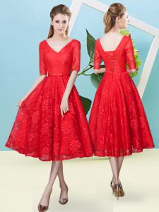 Custom Design Tea Length Lace Up Quinceanera Court of Honor Dress Red for Prom and Party and Wedding Party with Bowknot