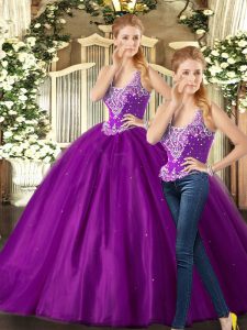 Customized Purple Tulle Lace Up Straps Sleeveless Floor Length Vestidos de Quinceanera Beading