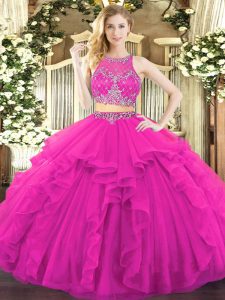 Custom Fit Fuchsia Zipper Scoop Beading and Ruffles Quince Ball Gowns Tulle Sleeveless