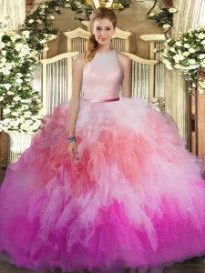 Clearance Multi-color Backless High-neck Ruffles Quinceanera Dress Tulle Sleeveless