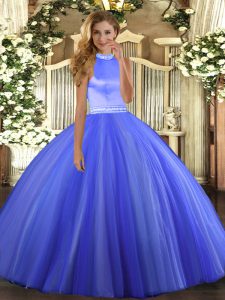 Artistic Blue Backless 15th Birthday Dress Beading Sleeveless Floor Length