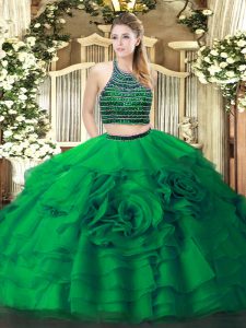 Sleeveless Tulle Floor Length Zipper Vestidos de Quinceanera in Green with Beading and Ruffled Layers