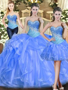 Wonderful Tulle Sweetheart Sleeveless Lace Up Beading and Ruffles Sweet 16 Dress in Baby Blue