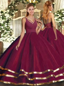 High Quality Burgundy A-line V-neck Sleeveless Organza Floor Length Backless Ruffled Layers 15th Birthday Dress