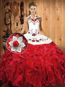 White And Red Sleeveless Embroidery and Ruffles Floor Length Quinceanera Gown