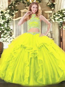 High-neck Sleeveless Quinceanera Gown Floor Length Beading and Ruffles Yellow Green Tulle