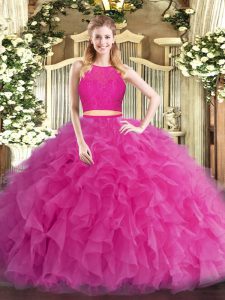 Sleeveless Floor Length Ruffles Zipper Ball Gown Prom Dress with Hot Pink