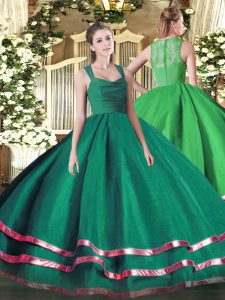 Dark Green Organza Zipper Straps Sleeveless Floor Length 15 Quinceanera Dress Ruffled Layers and Ruching
