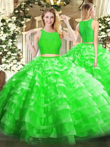 Fitting Scoop Sleeveless Quinceanera Dresses Floor Length Lace and Ruffled Layers Green Organza