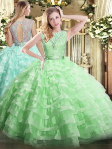Amazing Apple Green Backless Scoop Lace and Ruffled Layers Quinceanera Gown Organza Sleeveless