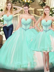 Sleeveless Floor Length Beading and Ruffles Lace Up Quince Ball Gowns with Apple Green