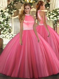 Spectacular Ball Gowns Quince Ball Gowns Coral Red Halter Top Tulle Sleeveless Floor Length Backless