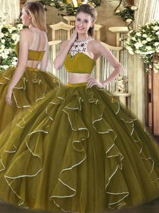 Organza High-neck Sleeveless Backless Beading and Ruffles Quince Ball Gowns in Olive Green