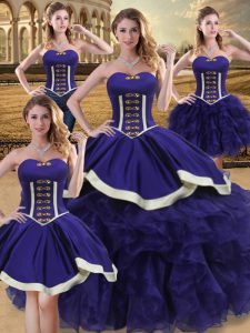 Satin Sweetheart Sleeveless Lace Up Beading and Ruffles Vestidos de Quinceanera in Purple