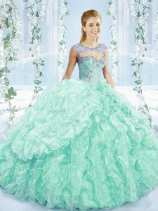 Affordable Apple Green Quinceanera Gown Organza Brush Train Sleeveless Beading and Ruffles
