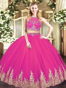 Elegant Floor Length Hot Pink 15 Quinceanera Dress Tulle Sleeveless Beading and Appliques