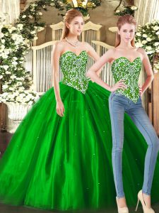 Ideal Sleeveless Floor Length Beading Lace Up Ball Gown Prom Dress with Green
