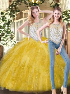 Custom Design Yellow Organza Zipper Quinceanera Dresses Sleeveless Floor Length Beading and Ruffles