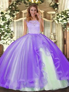 Captivating Floor Length Clasp Handle Quinceanera Gowns Lavender for Military Ball and Sweet 16 and Quinceanera with Lace and Ruffles