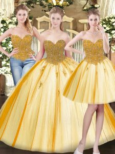 Sleeveless Floor Length Beading and Appliques Lace Up Quince Ball Gowns with Gold