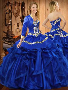 Exceptional Royal Blue Ball Gowns Embroidery and Ruffles Quinceanera Gown Lace Up Organza Sleeveless Floor Length