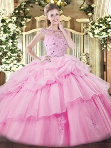 Fitting Rose Pink Sleeveless Floor Length Beading and Ruffles and Pick Ups Zipper 15th Birthday Dress