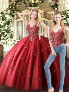 Tulle V-neck Sleeveless Lace Up Beading Sweet 16 Dress in Wine Red