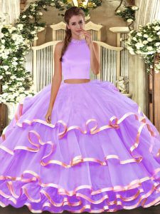 Two Pieces 15th Birthday Dress Lavender Halter Top Organza Sleeveless Floor Length Backless