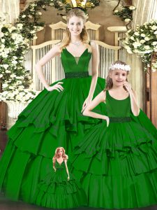 Green Ball Gowns Organza V-neck Sleeveless Beading and Ruffled Layers Floor Length Zipper Quinceanera Dresses