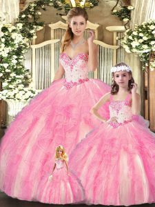 Fitting Floor Length Baby Pink 15th Birthday Dress Organza Sleeveless Beading and Ruffles