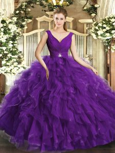 Sophisticated Purple Backless Ball Gown Prom Dress Beading and Ruffles Sleeveless Floor Length