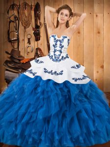 Blue And White Ball Gowns Strapless Sleeveless Satin and Organza Floor Length Lace Up Embroidery and Ruffles 15th Birthday Dress