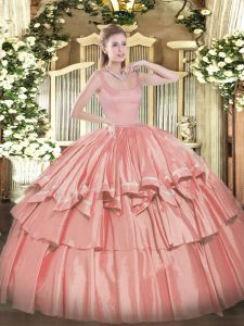 Flare Taffeta Straps Sleeveless Zipper Beading and Ruffled Layers Sweet 16 Dress in Coral Red