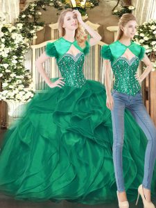 Extravagant Dark Green Tulle Lace Up Sweetheart Sleeveless Floor Length Quinceanera Dresses Beading and Ruffles