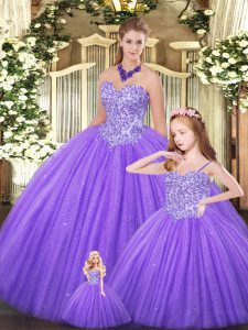Stunning Sleeveless Floor Length Beading Lace Up 15th Birthday Dress with Eggplant Purple
