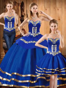 Sleeveless Satin and Tulle Floor Length Lace Up Sweet 16 Quinceanera Dress in Blue with Embroidery