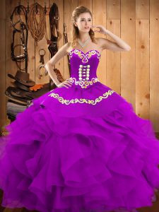Eggplant Purple Satin and Organza Lace Up Sweet 16 Quinceanera Dress Sleeveless Floor Length Embroidery and Ruffles